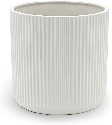 Amazon Basics Fluted Ceramic Planter Pot for Indoor Outdoor Plants, Round Flower Pot with Drainage Hole, 10-inch, White by AmazonBasics