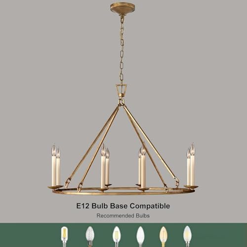 LOVEDIMA Gold Wagon Wheel Chandelier Rustic 35.4'' Candle-Shaped Metal Chandeliers Antique Brass Round Ceiling Hanging Light Fixture (8-Light) - Image 4