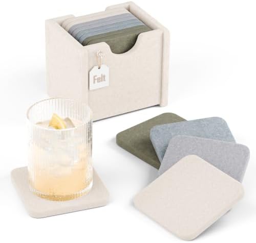 Fluxynara Felt Coasters with Holder, Set of 8 for Drinks, River Pebble by FLUXYNARA