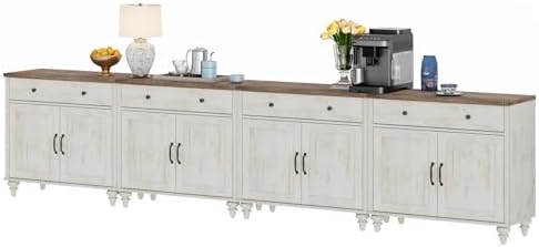 WAMPAT Buffet Cabinet with 8 Doors and 4 Drawers, Modern Coffee Bar Table Wood Kitchen Storage Cabinets, Farmhouse Sideboard Credenza for Dining Room, Rustic White, 134 inch - Image 6