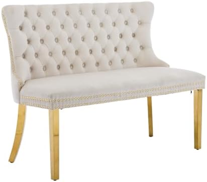 Beige Velvet Dining Bench with Back, Tufted Banquette Seating, Gold Legs by Shenyon