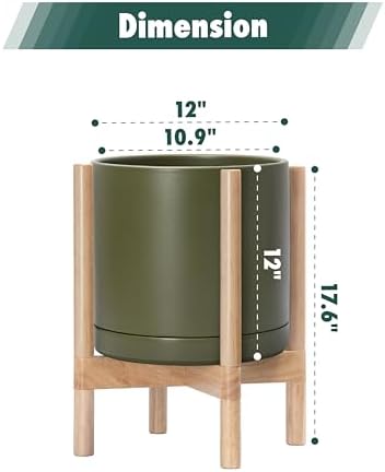 D'vine Dev Ceramic Pot with Natural Wood Stand, Olive, 12 in, 55-B-J-J - Image 3