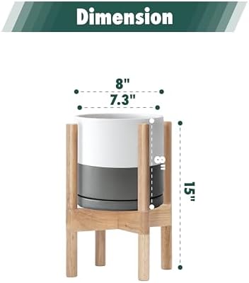 D'vine Dev Ceramic Pot with Natural Wood Stand, White/Grey, 8 in, 55-B-N-6 - Image 3