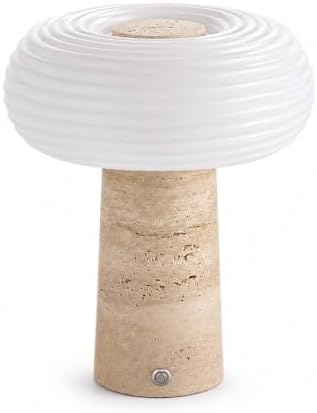 Nebula Travertine Cordless Table Lamp, Rechargeable Lamp with 5200mAh Battery, 3- Way Dimmable, Natural Marble Base, Ribbed Glass Shade, for Bedroom Living Room Office by FOLUX