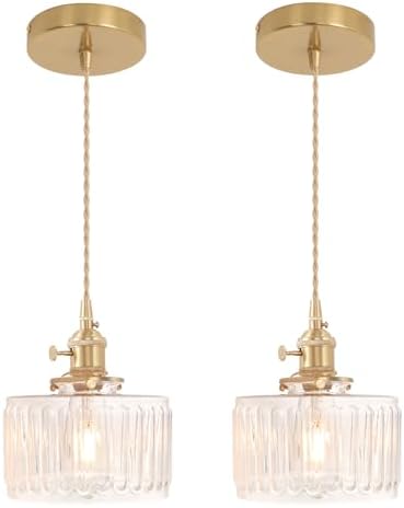 Shenmoyl Pendant Light 2 Pack with Clear Striped Glass Lmapshade, Brass Vintage Pendant Light Adjustable Hanging Light for Kitchen Island Dining Room Hallway by Shenmoyl