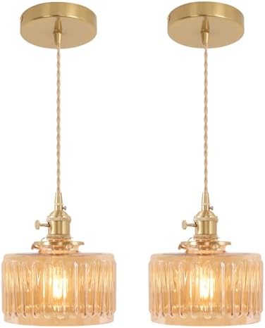 Shenmoyl Pendant Light 2 Pack with Amber Striped Glass Lmapshade, Brass Vintage Pendant Light Adjustable Hanging Light for Kitchen Island Dining Room Hallway by Shenmoyl