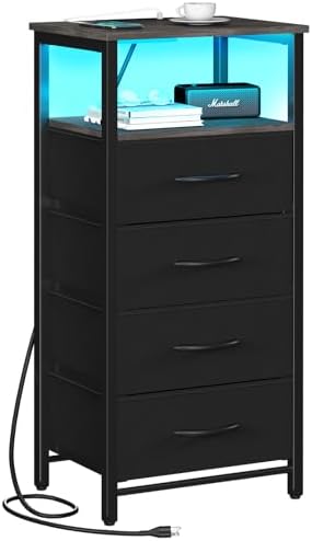 Yoobure Night Stand - LED Nightstand with Charging Station, Bedside Table with 4 Fabric Storage Drawers and Storage Shelf, End Table with USB Ports and Outlets, Tall Nightstand for Bedroom by Yoobure