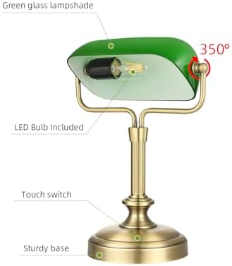 Vintage Banker Lamp, Antique Brass,Adjustable Green Shade, Touch Control - Image 4