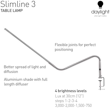 daylight Company, LLC U35108 Slimline 3 Table Lamp-LED-80 CRI-Eye Care-4 Brightness Levels, 3,000 LUX at 30 cm, 1,065 LUMENS-4 Step DIMMER Mode, Brushed Steel, 25.6 x 30 x 0.8 - Image 5