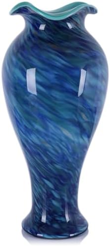 19.7H Murano Hand Blown Glass Vase, Ruffled Scalloped Rim Wide Mouth Colorful Decorative Flower Vase, Large Glass Centerpiece for Living Room, Bathroom, Office, Bookshelf, Entryway,Mantel Decor(Blue) by PlivBloom