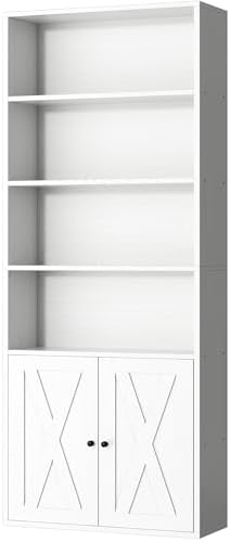 Shintenchi Bookshelf, Industrial Bookshelves and Bookcases with Doors Floor Standing 6 Shelf Display Storage Shelves 70.6 inches Tall Bookcase for Home Office, Living Room (White) by Shintenchi%7CFurnitureMadeforRealLife