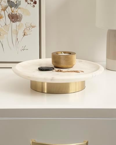 Kate and Laurel Sevienne Modern Glam Round Marble Tray, 10 Inch Diameter, White and Gold, Contemporary Scooped Pedestal Tray for Use as Entryway Tray Catchall or Small Coffee Table Tray - Image 3