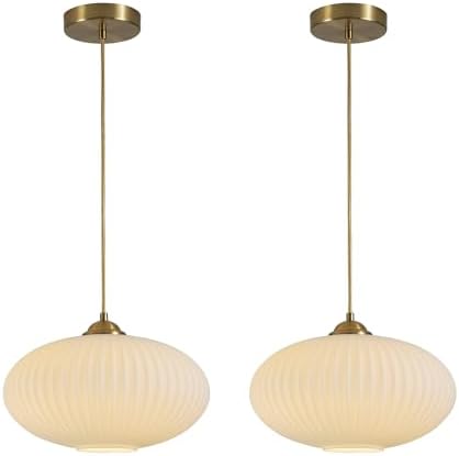 KCO Brass Gold 9.8” Ribbed Milk Glass Adjustable Pendant Light Set of 2 by KCOLighting