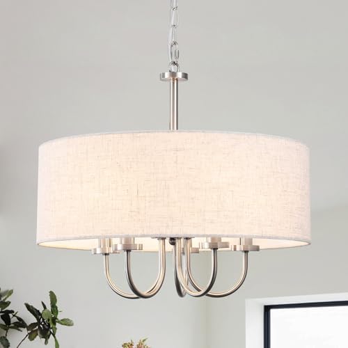 Drum Modern Chandeliers for Dining Room Light Fixture 5 Lights Brushed Nickel Chandelier with Linen Lampshade 19” Farmhouse Chandelier Large Pendant Lighting Fixtures for Foyer Entryway Kitchen by LIHHGFGSChandelierLighting