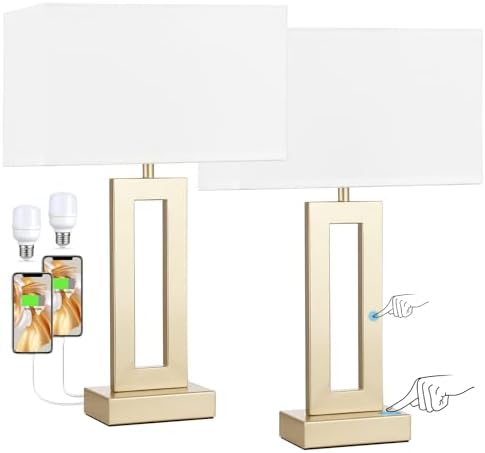 Seealle Nightstand Table Lamps for Bedrooms Set of 2 - Touch Bedside Lamp with USB C+A, 3 Way Dimmable Living Room Lamps for End Tables Set of 2(White&Gold) by SeealleLighting