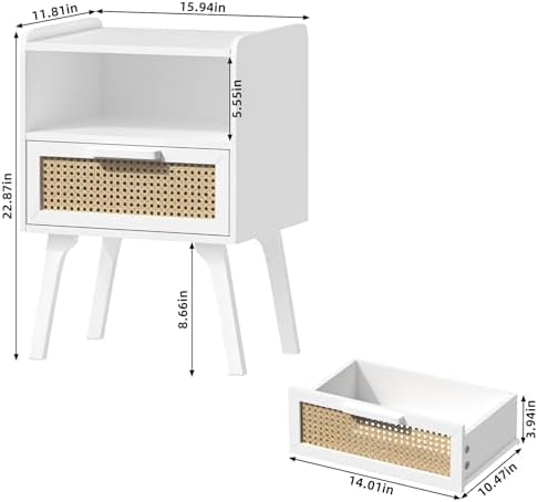 Lerliuo Rattan Nightstands Set of 2, Bedside Table with Drawer Open Shelf - Image 3