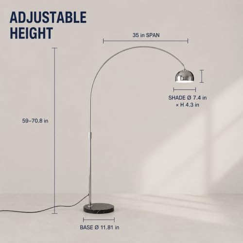 Chrome Arc Floor Lamp with Marble Base, Adjustable Height 59-70.8 in - Image 3