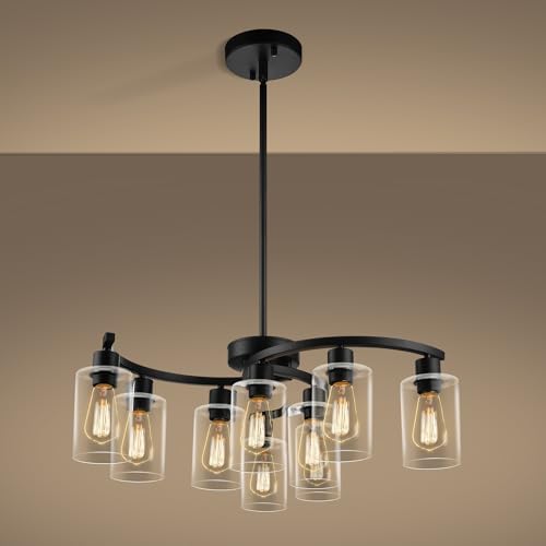 CNRATYE 9-Light Black Modern Chandeliers for Dining Room, Adjustable Height Farmhouse Kitchen Island Lighting, Industrial Hanging Light Fixtures for Living Room Bedroom, Clear Glass Shade by CNRATYE