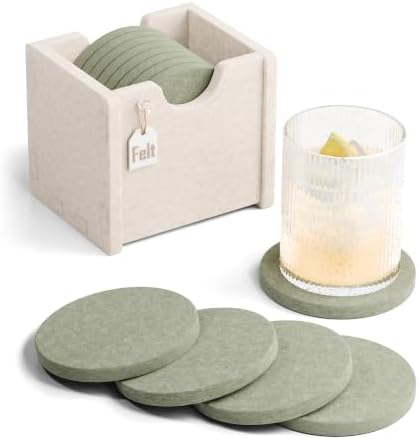 Fluxynara Felt Coasters with Holder, Set of 8 for Drinks, Sage by FLUXYNARA