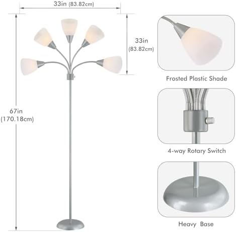 Medusa Modern Decor Floor Lamp, 5 Head Adjustable Gooseneck Lamps for Reading, White Shades Multiple Tall Standing Lamps for Living Room Bedroom Office Kids Classroom, Silver, Bulbs Included - Image 2