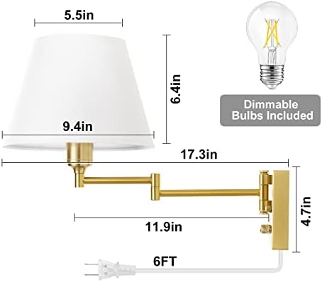 TRLIFE Wall Sconce Plug in, Brushed Brass Dimmable Wall Sconces Set of 2 Swing Arm Wall Lights with Plug in Cord and Dimmer On/Off Knob Switch, 9.4" Medium White Fabric Shade(2 LED Bulbs Included) - Image 6