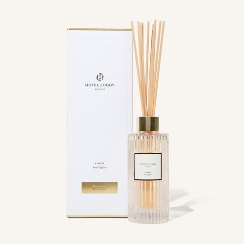 Hotel Lobby Candle Linen Reed Diffuser – Long Lasting – Pink Pepper, Linen, Sandalwood, Iris & Vetiver – Refillable Glass Vessel – 9 Diffuser Reeds – Made in USA – 5.0 fl oz (150ml), 10 ¾” H by HotelLobbyCandle