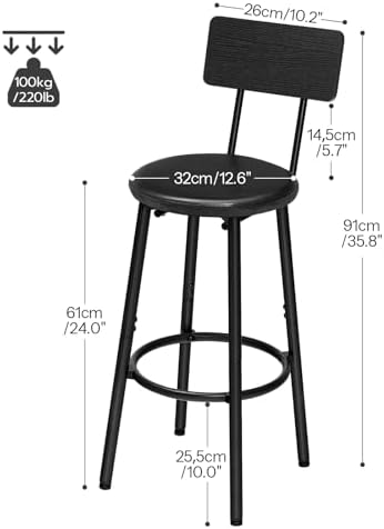 HOOBRO Bar Stools, Set of 2 Bar Stools with PU Upholstered, Bar Chairs with Footrest and Back, 26" Barstools for Kitchen Island, Dining Room, Easy to Assemble, Black BK31BY01G2 - Image 3