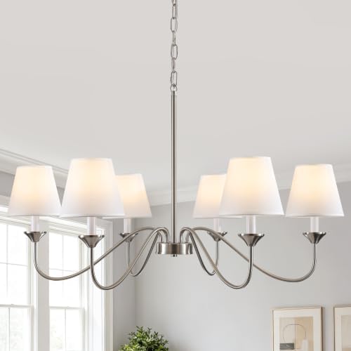 35.83" Brushed Nickel Chandeliers for Dining Room with Fabric Shade 6 Light by HAWYUEEBLighting