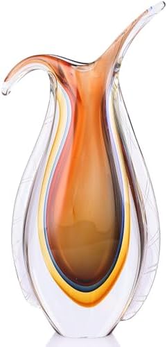 Amber Hand Blown Glass Vase – Oval Decorative Art Glass for Centerpieces, Murano Inspired Decor for Dining Room, Entryway Table, or Shelf, Handmade Glass Vase for Home Display (Red Yellow) by PlivBloom
