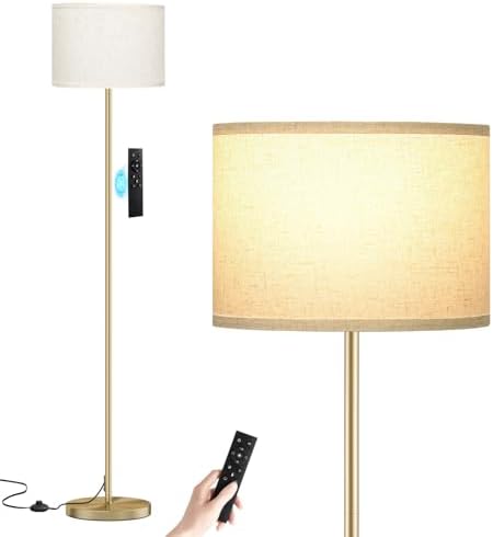 Ambimall 60'' Modern Floor Lamp with Remote, Tall Lamps for Living Room, Bedroom, Office, Dining Room, Beige Shade with Gold Pole(Included Bulb) by Ambimall