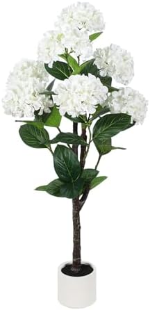 YEPDIN Set of 2 Artificial Hydrangea Tree 4 ft- Large Faux Hydrangea Plants Indoor Outdoor，Fake Flower Trees with White Tall Planter for Home Garden,Front Decor - Image 2