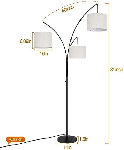 OUTON Floor Lamp with Remote Control, Modern Bright Lamps for Living Room, Adjustable 3-Light Tall Arched Lamp for Bedroom, Office, 2400lm Mid Century Design with Hanging Shade - Image 6
