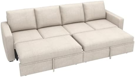 HONBAY Modular Sectional Sleeper Sofa Bed, with Pull Out Bed, Linen Convertible Sectional Couches for Living Room - Beige - Image 7