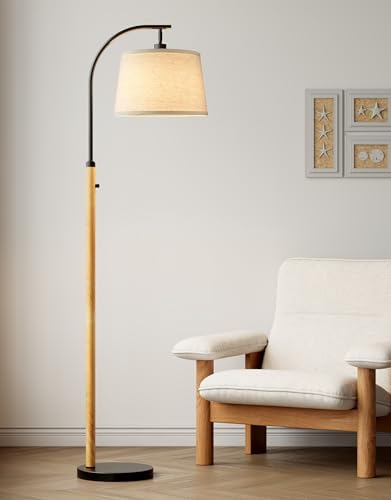 Dimmable Floor Lamp for Living Room, 65" Tall Metal Standing Lamp with LED Bulb, Mid Century Modern Arc Floor Lamp with Linen Shade for Bedroom, Reading Room, Office & Nursery, Black&Natural Color by PARTPHONER