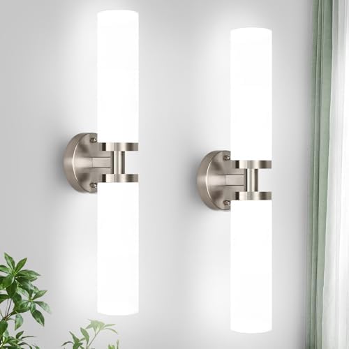 Wall Sconces Set of Two, Brushed Nickel Gold Bathroom Sconces Wall Lighting with Milky White Glass, Hardwired Modern Sconces Wall Decor Set of 2 Bathroom Light Fixtures for Mirror Living Room Bedroom by Indoibrightenyourbathroom