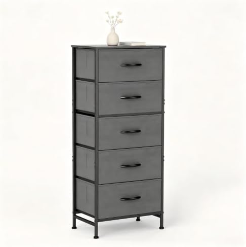 DUMOS Nightstand with 5 Drawers, Bedside Table with Removable Fabric Bins, Sturdy Steel Frame Wood Skinny Dresser Furniture for Bedroom Closet Living Room, Grey by DumosLifestyle