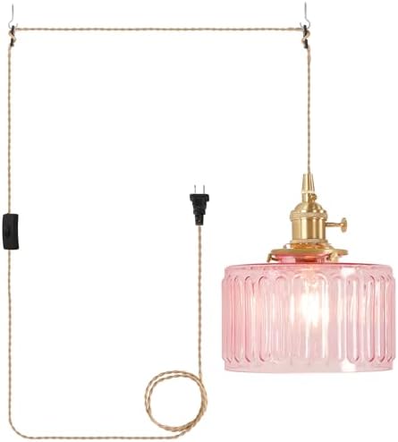 Shenmoyl Plug in Pendant Light Hanging Light Fixtures with Plugin Cord On/Off Switch,Pink Striped Glass Lampshade Brass Pendant Light by Shenmoyl