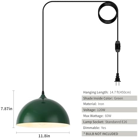 Green Plug in Pendant Light 2 Packs 11.8inch, Farmhouse Pendant Light, Kitchen Pendant Light, Pendant Lights Kitchen Island, Hanging Lights with Plug in Cord for Kitchen 14.7 ft - Image 3