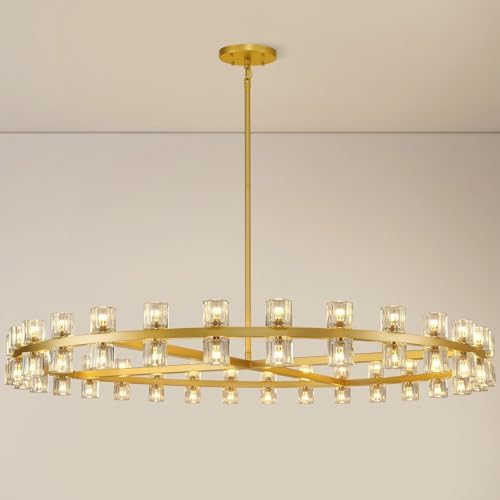 Modern 60 inch Gold Round Chandelier, Extra Large Chandeliers Crystal Chandeliers for Living Room, Large Wagon Wheel Chandelier for Foyer, Staircase, Entrance,Includes Bulb by Knurldon