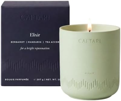 CAFTARI Luxury Aromatherapy Candle | Bergamot & Tea Accord Scented | 60 Hour Burn | Clean Coconut Soy Wax | Vegan, Gift-Ready Candle for Sleep & Home Spa Feel | Elixir by Caftari