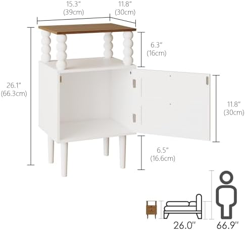 Veegle White Nightstand,Mid-Century Modern Bedside Table with Storage Drawer and Open Wood Shelf, for Bedroom and Small Spaces,Night Stand with Solid Wood Legs (White) - Image 2
