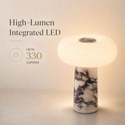 Nebula Marble Cordless Table Lamp, Rechargeable Lamp with 5200mAh Battery, 3- Way Dimmable, Genuine Calacatta Viola Marble Base, Ribbed Glass Shade, for Bedroom Living Room Office - Image 5
