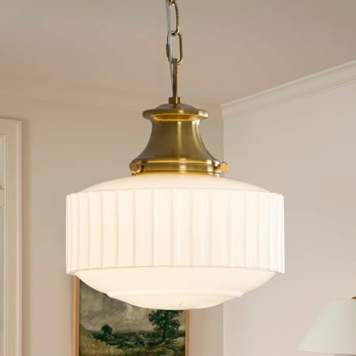 Milk Glass Pendant Light, 10.63" White Pleated Glass Chandelier, Vintage Brass Antique Pendant Lights, for Kitchen Island Lighting, Hallway, Bedroom, Dining Room, Foyer, E26 Bulb Included by Ifyoulikepleasefollowus