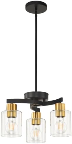 Black Brass Dining Room Chandelier, 3 Light Modern Industrial Pendant Light for Kitchen Island, Adjustable Height Ceiling Light with Clear Glass Shades,E26 Base,Dimmable by KLSSLighting