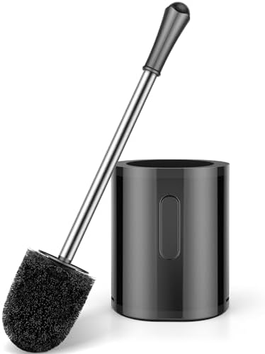 Toilet Brush, Compact Size Toilet Bowl Brush with Stainless Steel Handle, Small Size Plastic Holder Easy to Hide, Space Saving for Storage, Drip-Proof, Easy to Assemble, Deep Cleaning Black by AONEZ