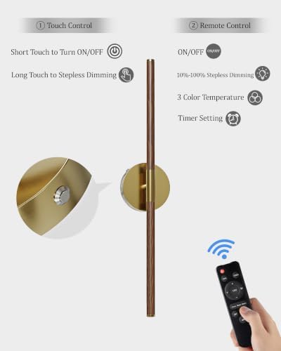 24" Battery Operated Wall Sconce Set of 2, 350° Rotating Lamp, Walnut Gold - Image 6