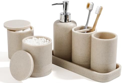 Bathroom Accessories Set, 6-Piece Bathroom Accessory Set, Toothbrush Holders Set, Soap Dispenser, Vanity Tray, Tumbler, Cotton Swab Jars, Bathroom Organizer for Modern Bathrooms(Beige) by YMXYJM