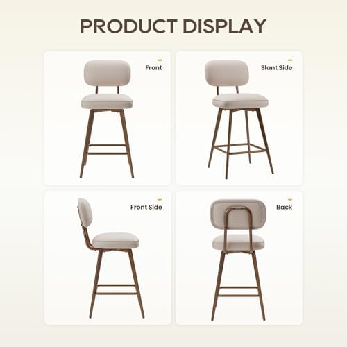 MALOL 26“ PU Leather Swivel Bar Stools Set of 6, Mid Century Counter Height Bar Chairs with Low Back and Metal Legs, Modern Bar Stool Chair for Kitchen Island, Beige - Image 6
