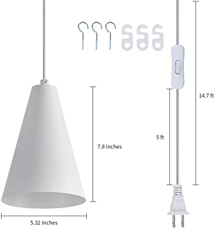 White Plug In Pendant Lights Kitchen Island,Dining Room Light Fixtures Over Table 1 Pack with Cone Metal Shade, Modern Farmhouse Mini Chandeliers with Cord On/Off Switch Hanging Lighting for Sink - Image 4