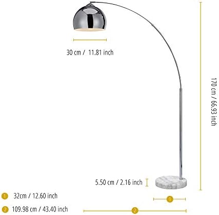 Teamson Home Arquer 68.1" Arc Floor Lamp for Living Rooms, Home Offices, Dining Rooms, Bedrooms with Faux White Marble Base and Chrome Bell Shade - Image 4